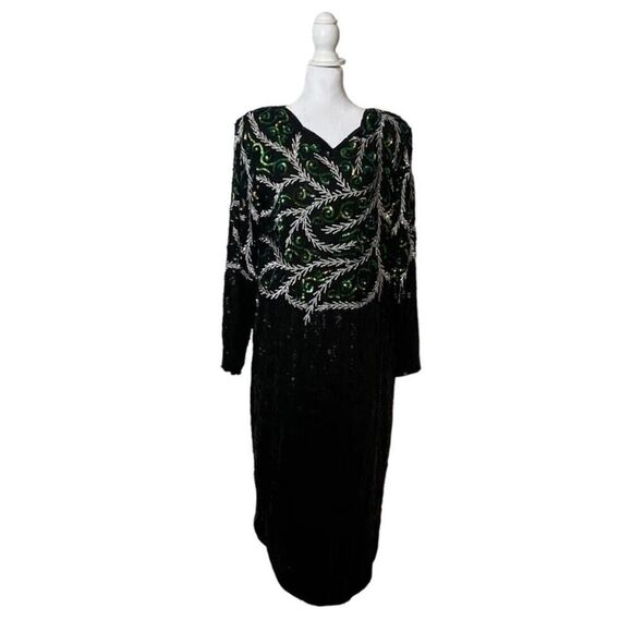 Jean for Joseph Le Bon Silk Sequin Beaded Dress Long Sleeve Evening Wear Vtg L - Picture 1 of 11